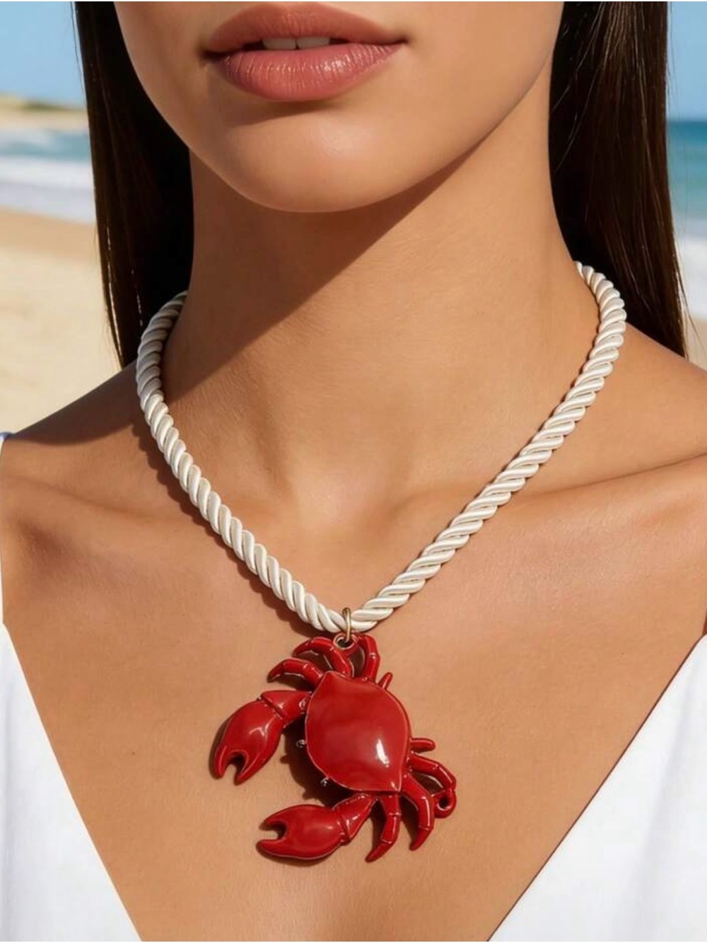 NWT Red Crab Pendant on Twisted White Rope Necklace, Summer Jewelry